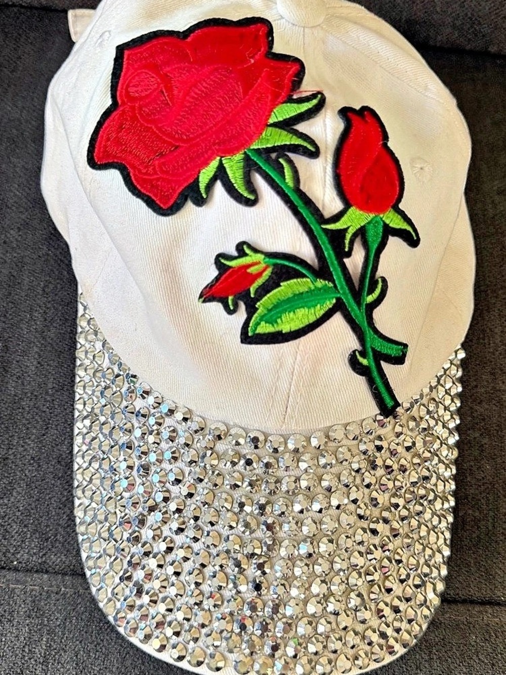 White Floral Rhinestone Baseball Cap